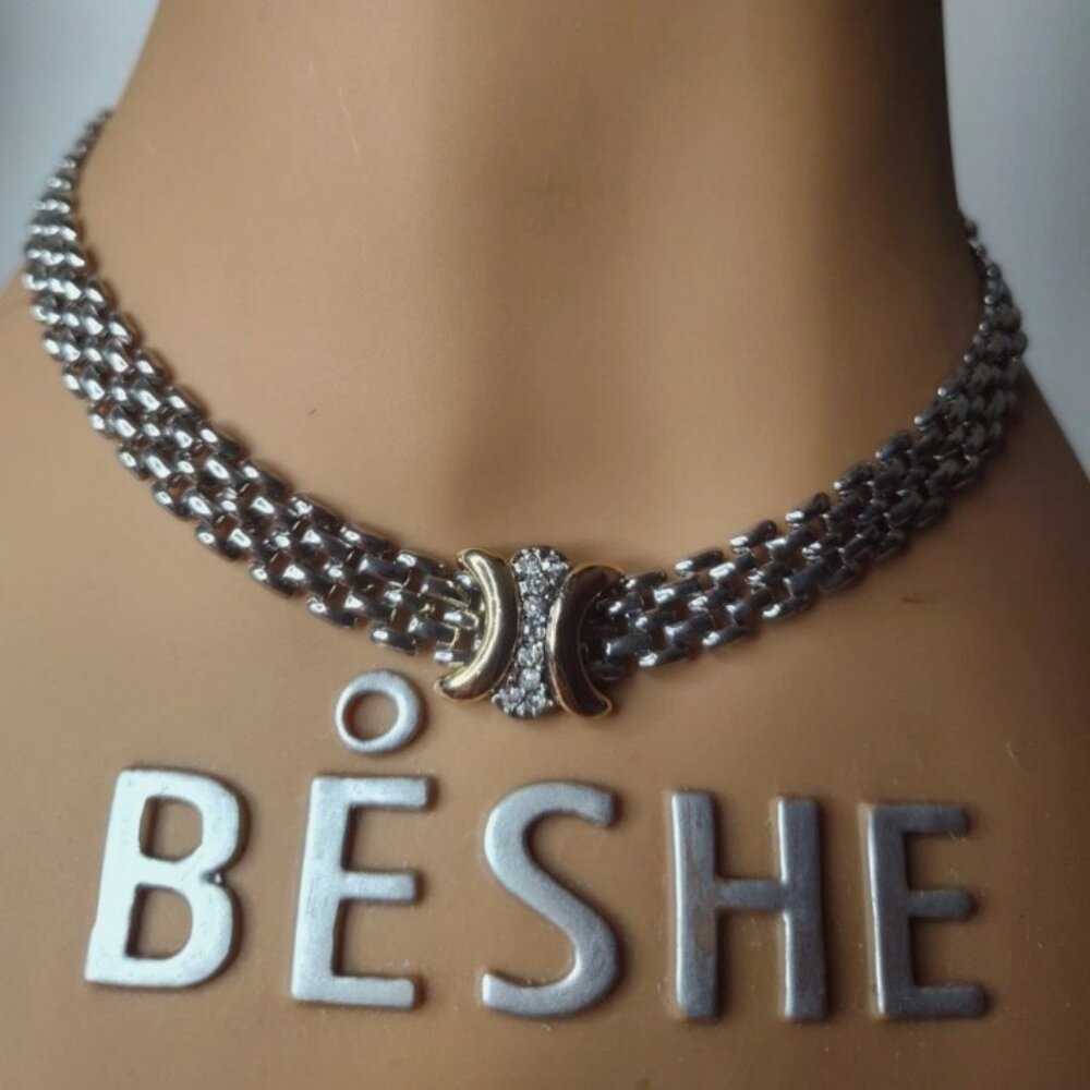 Silver Stone Basketweave Rhinestone Choker Necklace "15